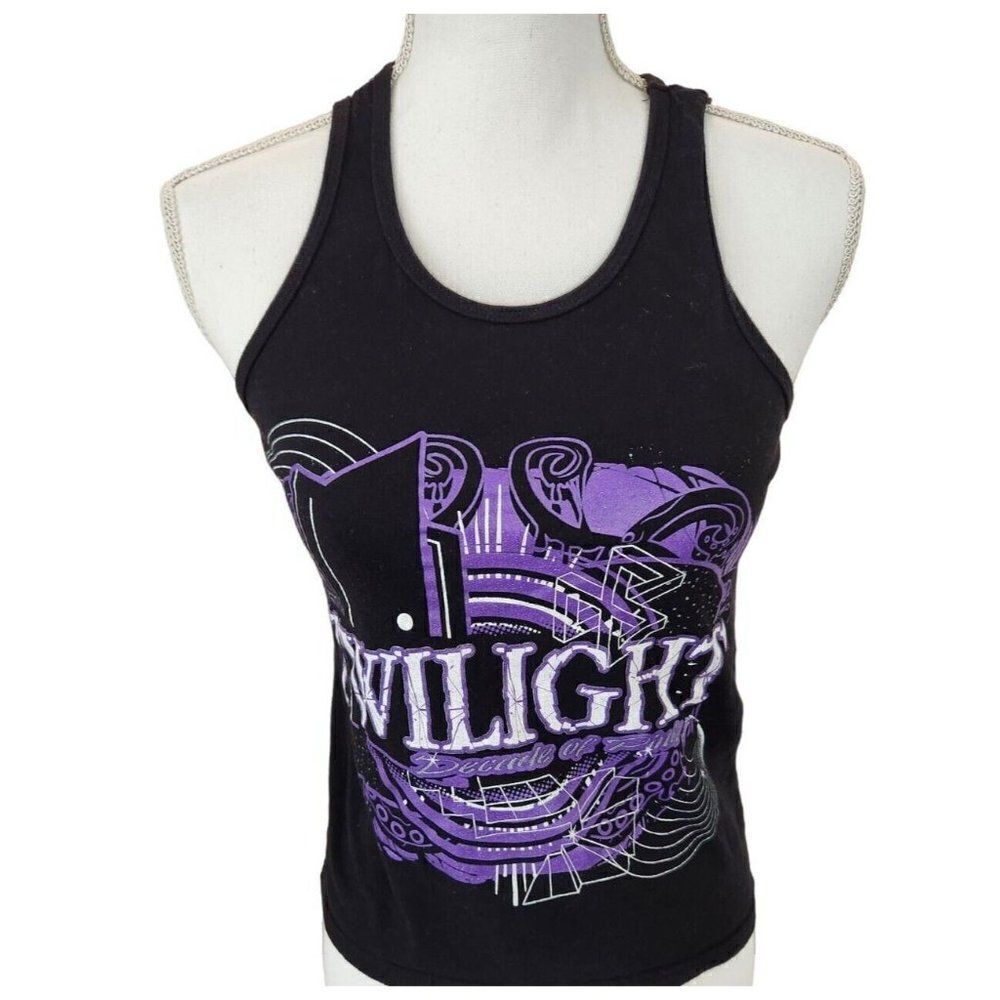 Y2K Black Purple Graphic Ribbed Tank Top M Twilight Decade of Pink